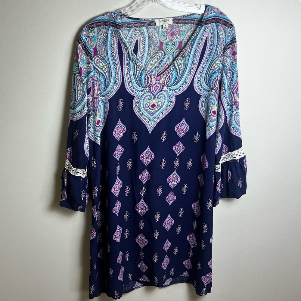 Umgee‎ Blue Purple Paisley 3/4 Dress Crochet Fairy Sleeves Y2K Boho Travel Sz M